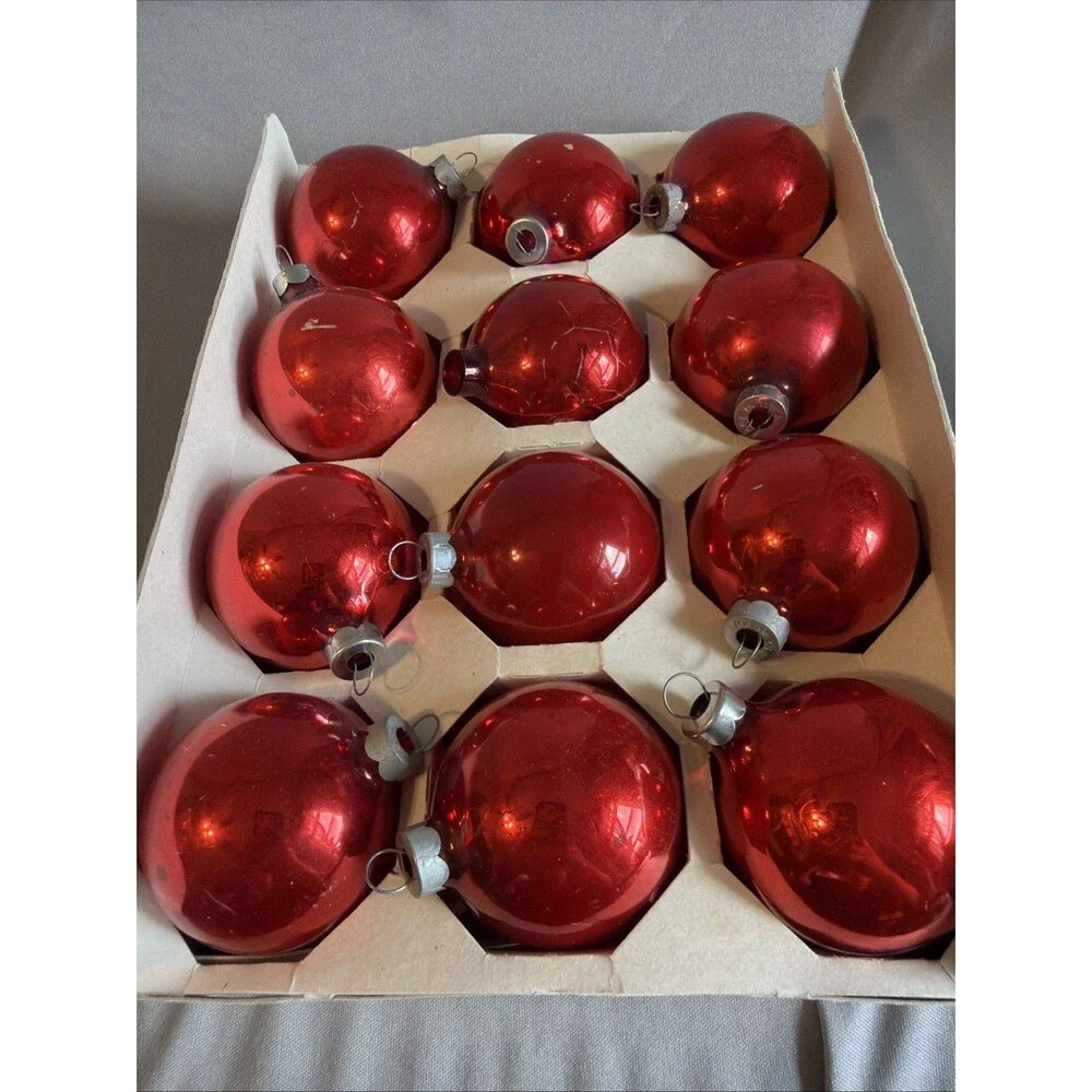 Vintage Noelle Christmas Tree Ornaments – Set of 12 Red Glass Balls w/ Box